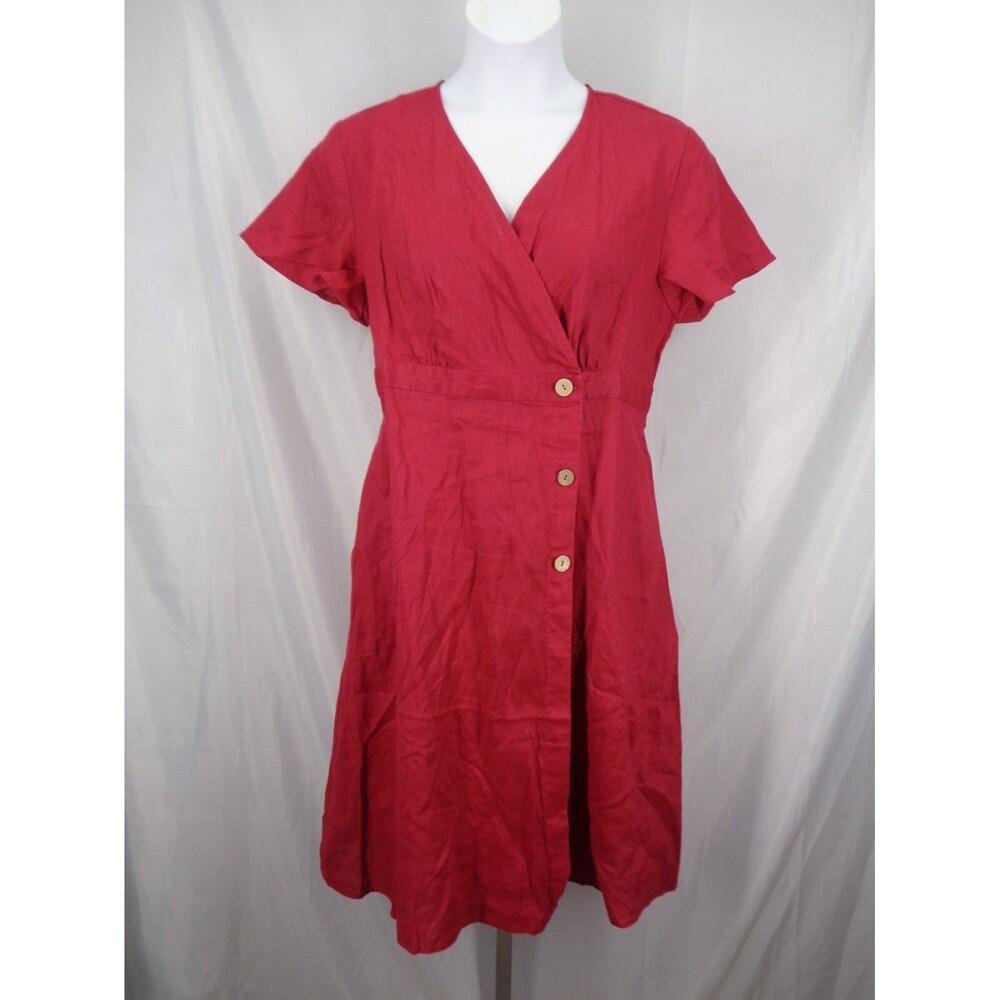 Grae Cove Red Linen Button Wrap Dress Size XL Lagenlook New